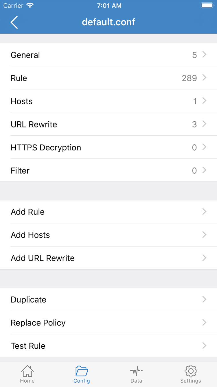 Shadowrocket Config 設定檔編輯頁官方截圖，顯示 General、Rule、Hosts、URL Rewrite、HTTPS Decryption 與 Add Rule