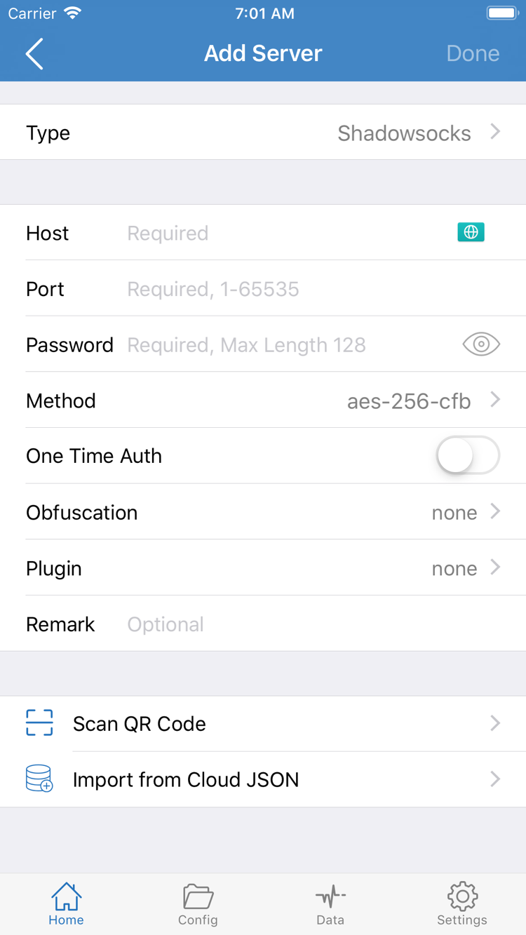 ShadowrocketのAdd Server公式スクリーンショット。Type、Host、Port、Password、Method、Scan QR Codeなどの項目を表示