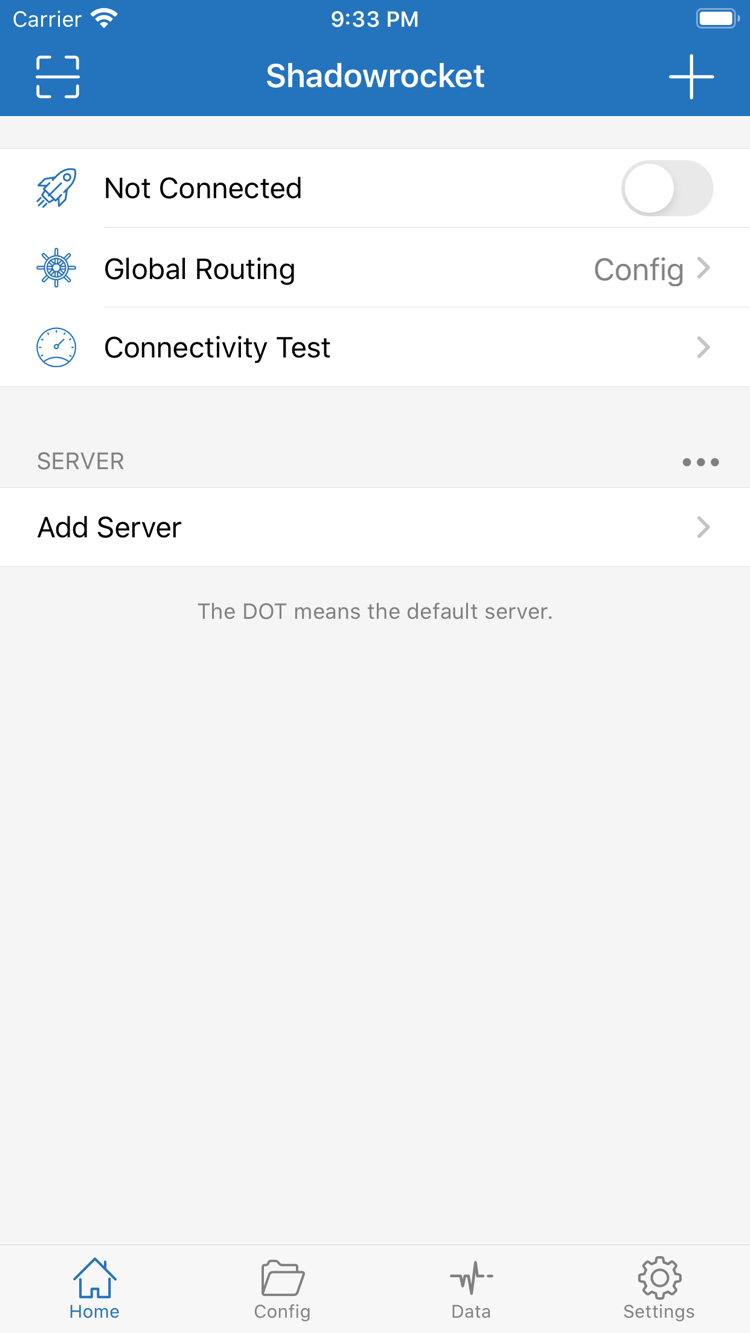 ShadowrocketのHome公式スクリーンショット。Not Connected、Global Routing、Connectivity Test、SERVERグループを表示