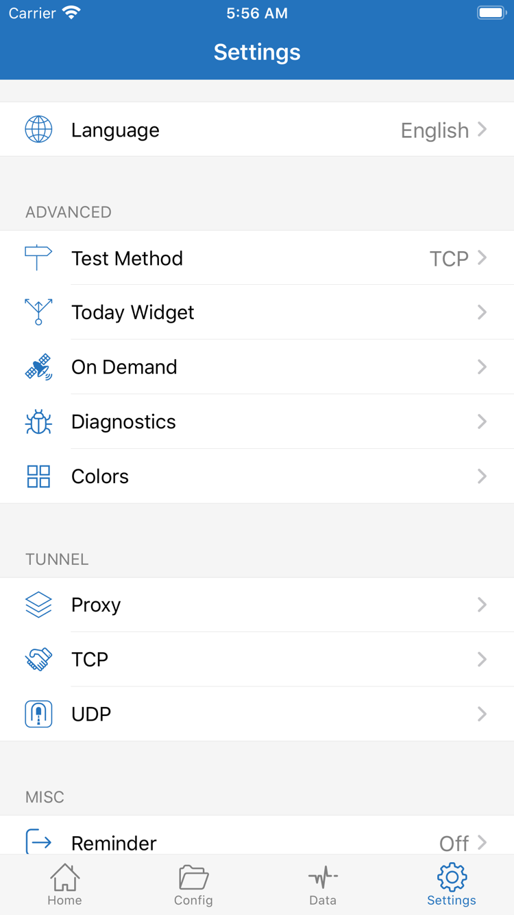 Shadowrocket Settings 官方截圖，顯示 Language、Test Method、Today Widget、On Demand、Diagnostics、Proxy、TCP 與 UDP